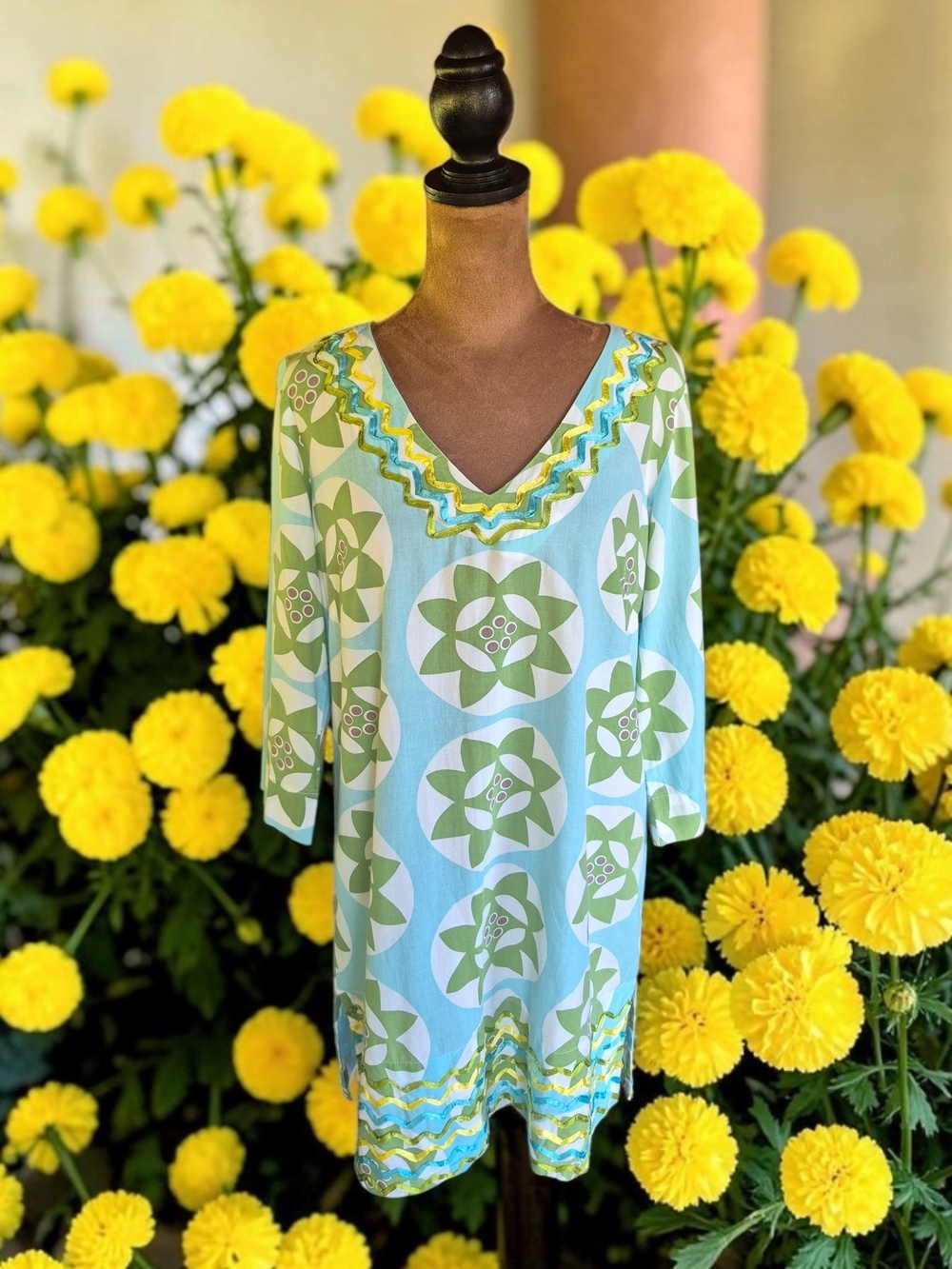 Boden Blue & Green V-Neck Floral Tunic Dress